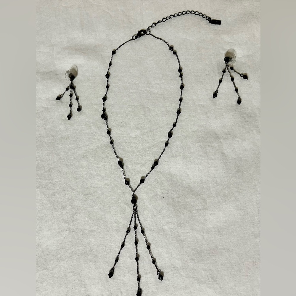 Black Beaded Necklace With Adjustable Choker Style Chain And Earrings Set
